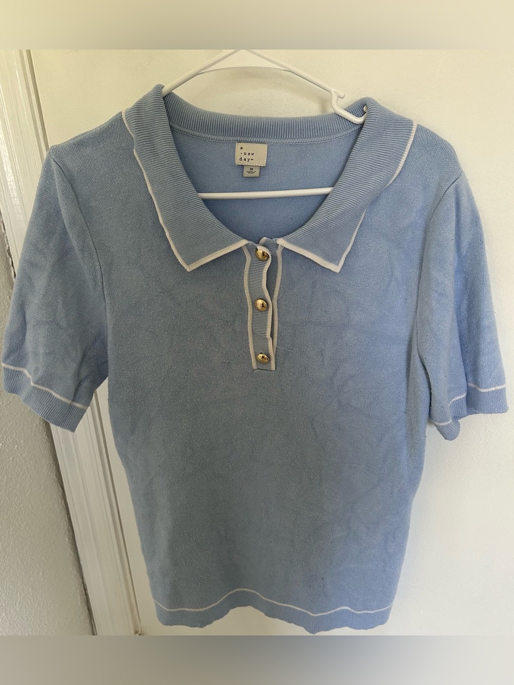 a new day Light Blue Polo Knit Top with White Trim and Gold Buttons